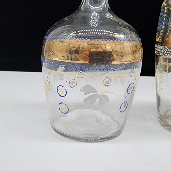 Bohemian Blown Glass Decanters Hand Painted Blue Enamel Gold Paint 7.5" - Picture 3 of 13